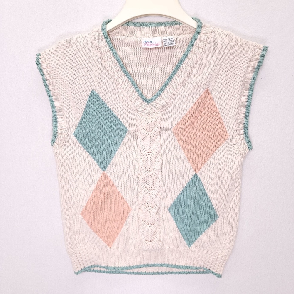 Vintage Avon Fashions Argyle Cable Knit Sweater Vest Pastel Pink Teal Large‎